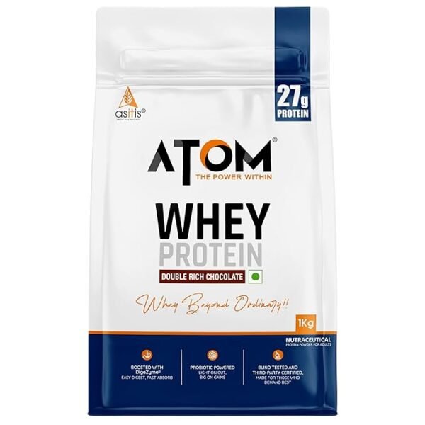 ATOM Whey Protein 1kg | 27g protein | Isolate & Concentrate | Double Rich Chocolate